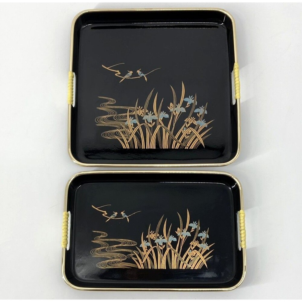 2 Set Vtg Toyo Japan Blue Iris Birds Black Lacquer Decorative Trays Gold Reeds